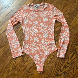 Gaze Womens Bodysuit Sz XS Orange Sheer Hibiscus Round Neck High Cut Long Sleeve